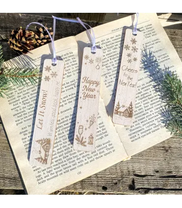 Новорічні дерев’яні закладки для книг – набір з трьох гравірованих закладок із зимовими візерунками