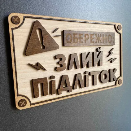 Дерев'яна табличка "Обережно! Злий підліток" 25×15 см