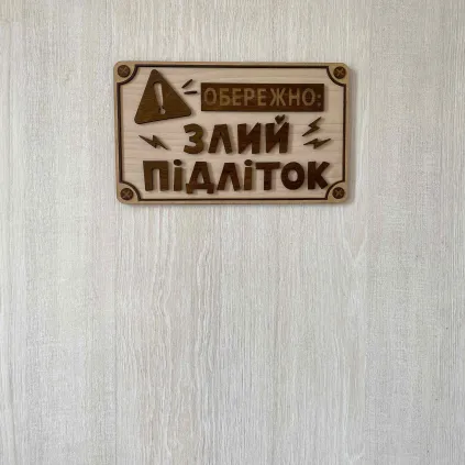 Дерев'яна табличка "Обережно! Злий підліток" 25×15 см