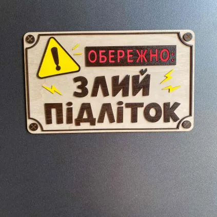 Дерев'яна табличка «Обережно: Злий підліток» 25×15 см