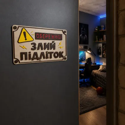 Дерев'яна табличка «Обережно: Злий підліток» 25×15 см