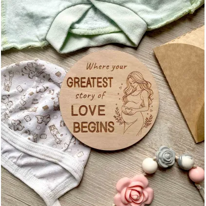 Pregnancy Announcement Wooden Plaque, Baby Story Love Begins Sign