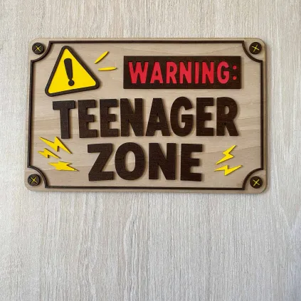 Funny Colorful "Warning: Teenager Zone" Wooden Sign