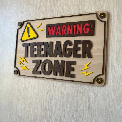 Funny Colorful "Warning: Teenager Zone" Wooden Sign