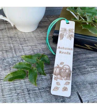 Wooden Bookmark “Autumn Reads” – Laser Engraved Fall Design with Pumpkin and Grapes
