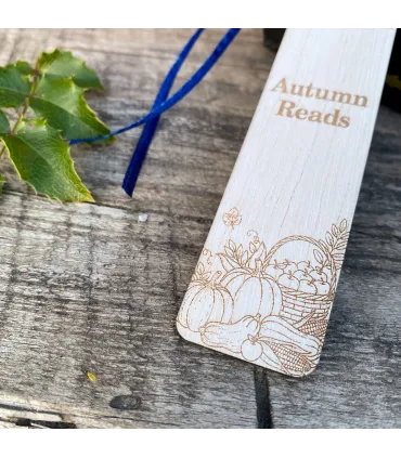 Wooden Bookmark “Autumn Reads” – Laser Engraved Fall Design with Pumpkin and Grapes